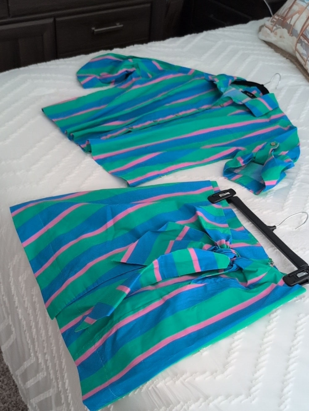Vici Striped Tie-Waist Top and Skirt Set - Teal/Blue/Pink